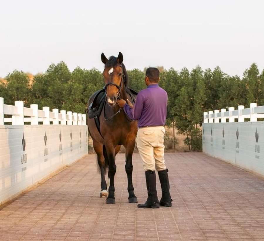 Horse and groom on the bridge path at Al Wadi Equestrian Center