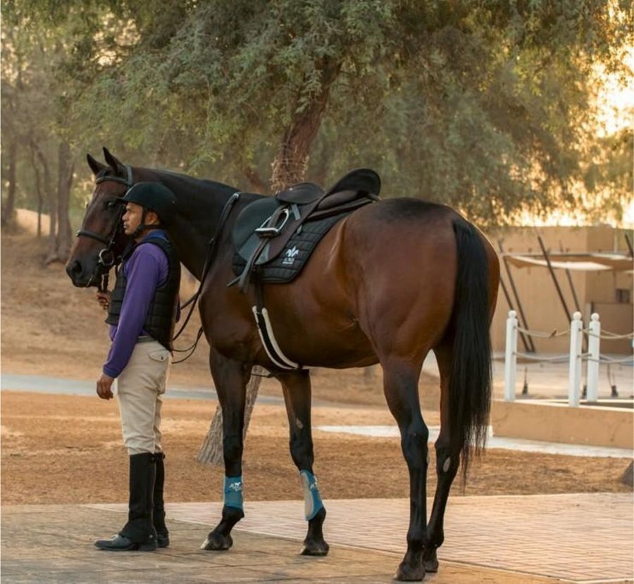Horse and groom preparing to ride at Al Wadi Equestrian Center