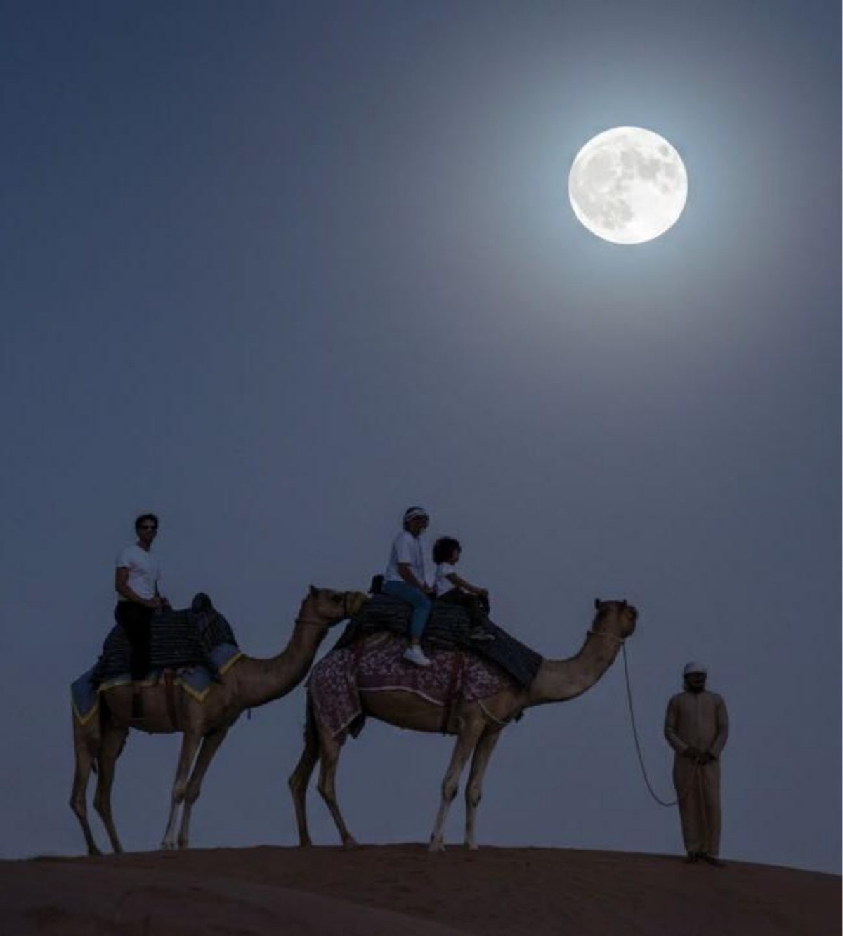 Camel riders under a full moon at Al Wadi Equestrian Center